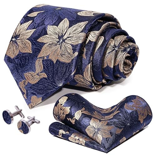 Image of 5PCS Mens Silk Designer Tie, Pocket Square, Cufflinks, Drilled Tie Ring and Lapel Pin Set for Wedding Groom Party