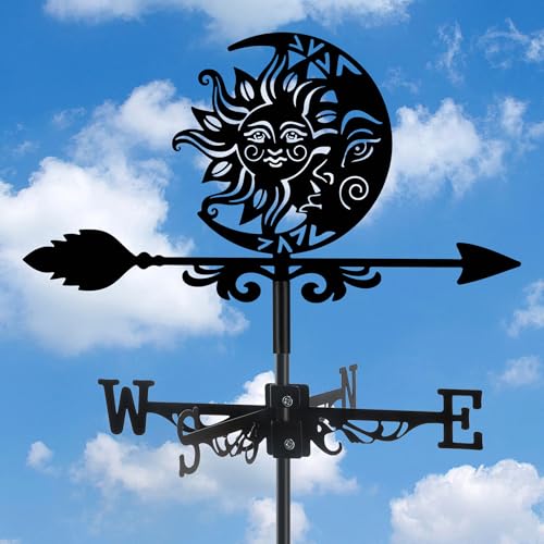 Sun and Moon Face Weather Vane Black Metal Weathervane Roof Mount Wind Direction Indicator Wind Measuring Tool Outdoor Wind Vane Ornament Decoration for Shed Garden Yard Farmhouse Patio Decor