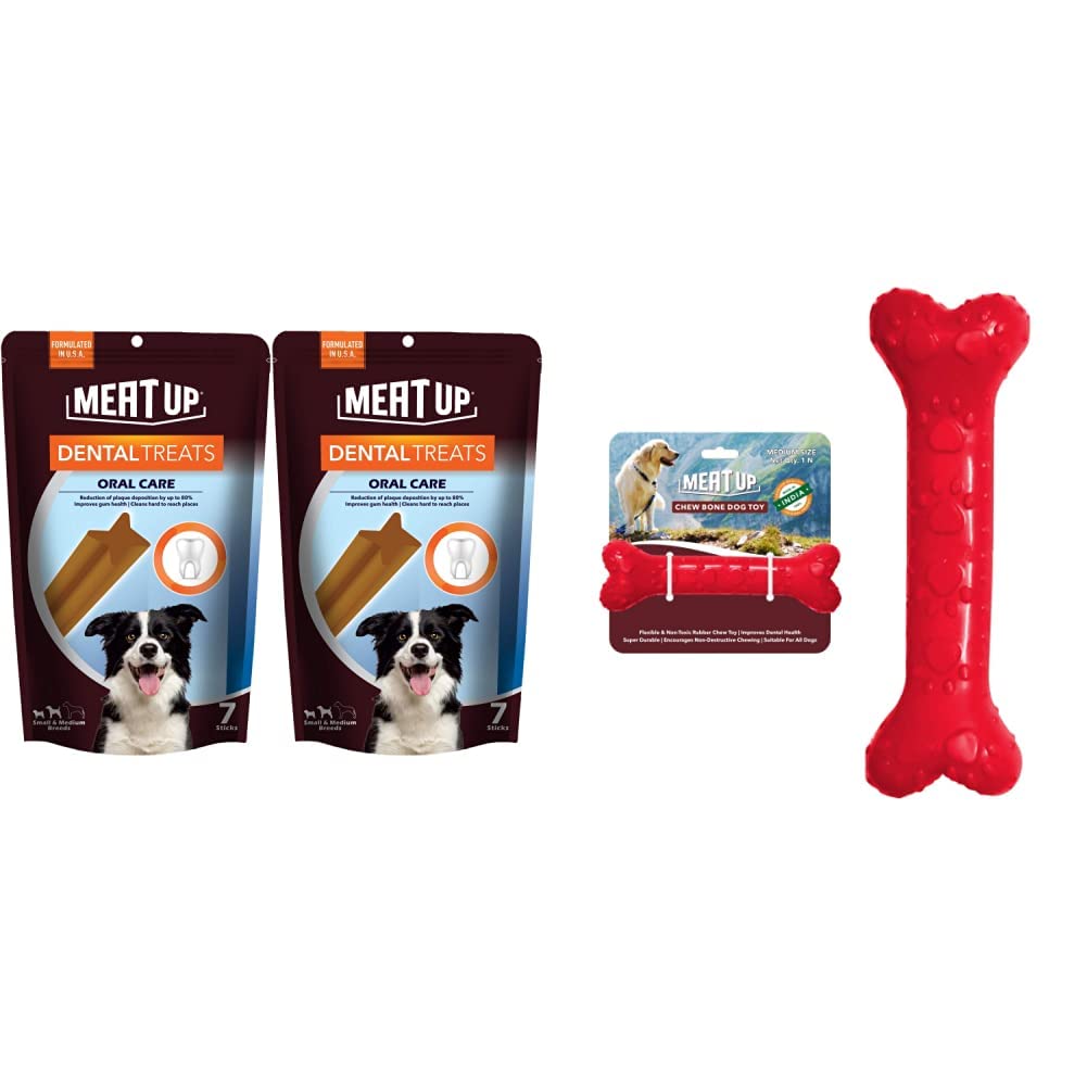 Meat Up Dental Treats, Oral Care Dog Treats- 7 Sticks, 165g (Buy 1 Get 1 Free) & Meat Up Non-Toxic Rubber Dog Chew Bone Toy, Puppy/Dog Teething Toy (Medium) - 5 inches (B0B8ZKDBNZ) Amazon Price History, Amazon Price Tracker