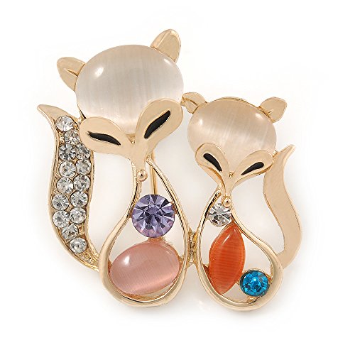 Broche en plaqué or aux deux renards en cristal 30 mm : le cadeau idéal plein de symbolisme