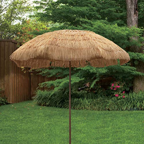 New 8' Wide Hawaiian Tiki Design Beach Umbrella Thatched Patio Umbrella with Press Button Tilt and Fabric Carry Bag (8', Natural W/Tilt)