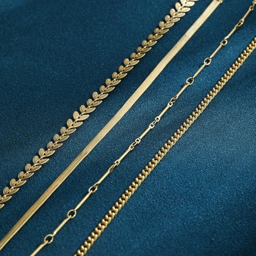 Image of Gold Ankle Bracelets for Women Waterproof,14k Gold Plated Anklet Set 4PCS Cuban Link Snake Chain Dainty Anklets Summer Beach Gift