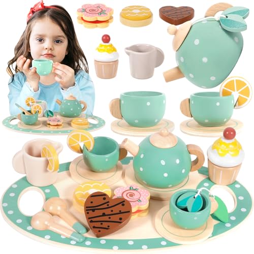 MZJAUVF 17Pcs Service à Thé pour Enfants, Services à Thé en Bois, Tea Party Jeux de Rôle, Service à Thé Jouets, Dînette Enfant Accessoire, Jeux de Cuisine pour Enfants Filles Garçons 3 4 5+Ans