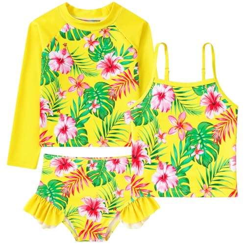 Image of Funnycokid Girls Swimsuit 3 Pieces Long Sleeve Rash Guard Set Tankini Bathing Suits Summer Kids Swimwear 3-10 Years