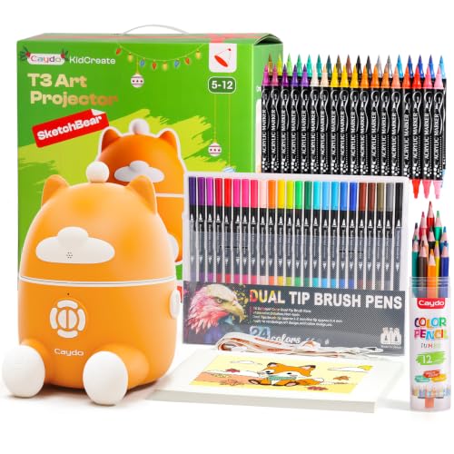Image of Caydo T3 Smart Drawing Projector Kit, Includes 12 Colored Pencils, 36 Acrylic Paint Markers, 24 Watercolor Markers & 50 Sheet Drawing Paper, Art Craft Birthday for Kids Ages 5-12
