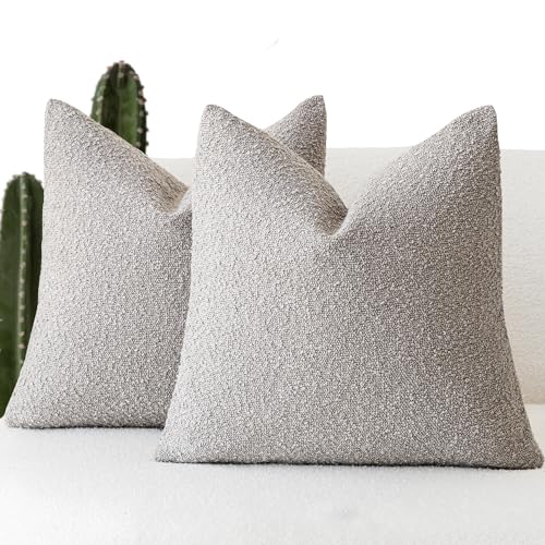 Image of Foindtower Pack of 2 Textured Boucle Throw Pillow Covers Accent Solid Decorative Pillow Cases Cozy Woven Couch Cushion Case for Sofa Bedroom Living Room Home Decor, 20 x 20 Inch,Neutral Grey