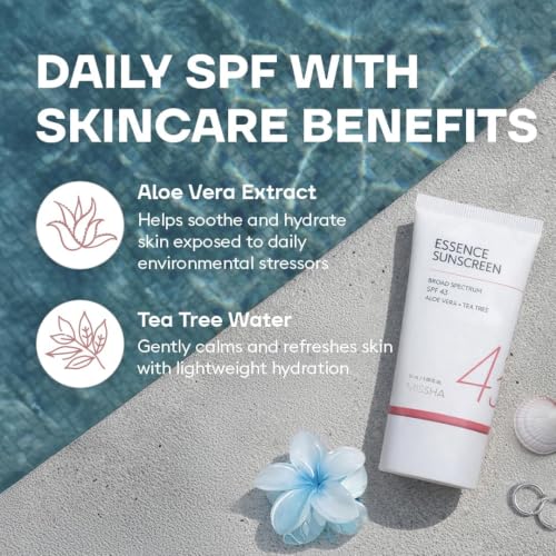 Image of MISSHA All Around Essence Sunscreen SPF 43, Korean Sunscreen for Face & Body, Broad Spectrum Daily Sun Protection with Aloe Vera + Tea Tree, Lightweight Hydrating Finish, No White Cast, 1.69 fl oz