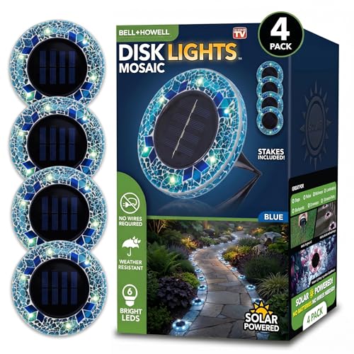 Bell+Howell 4 Pk Mosaic Solar Lights Outdoor LED Disk Pathway Lights Blue