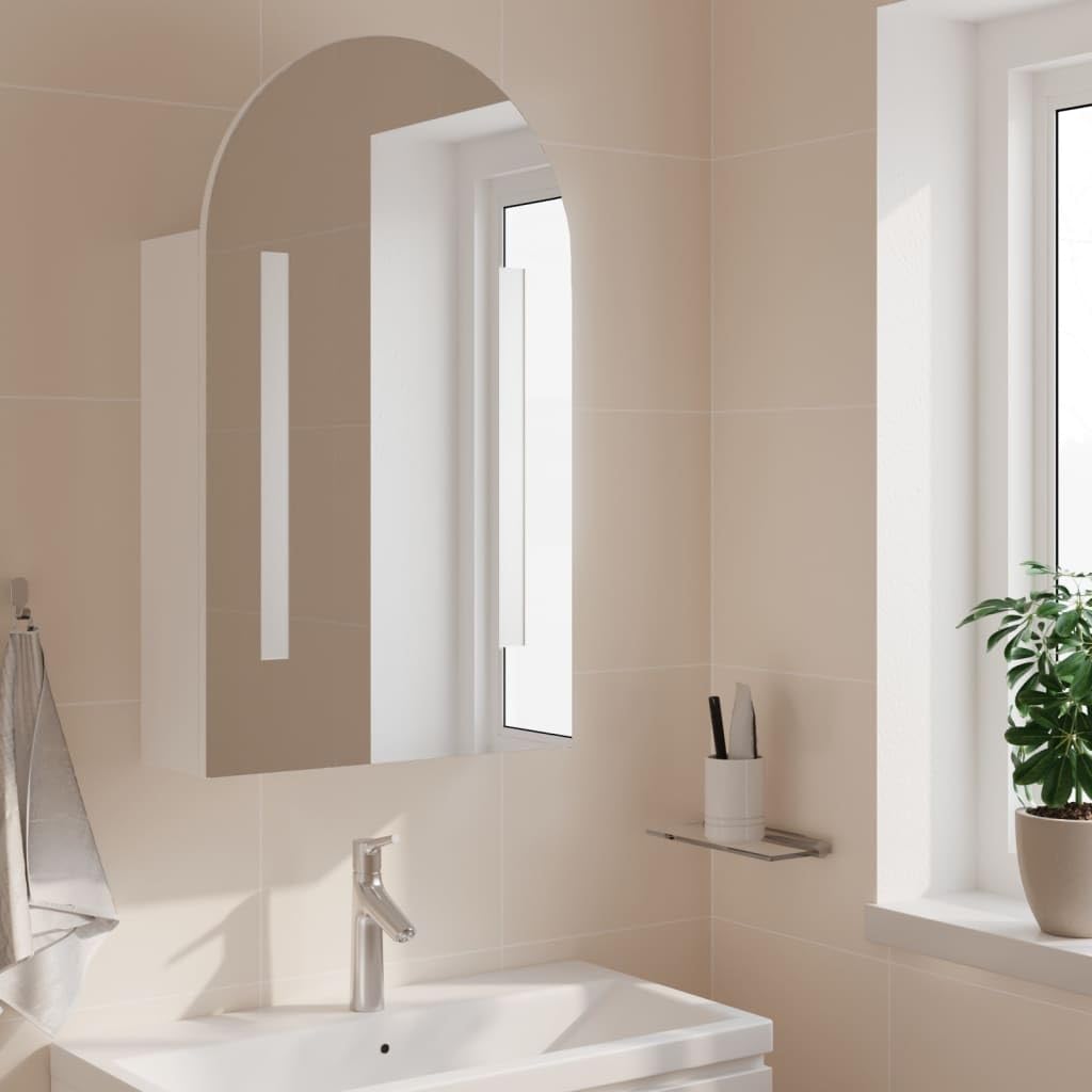 Armoire de toilette avec éclairage LED bombée 42 x 13 x 70 cm - En bois - Blanc - Montage mural - Pour salle de bain et WC d'invités - Avec étagères et port USB