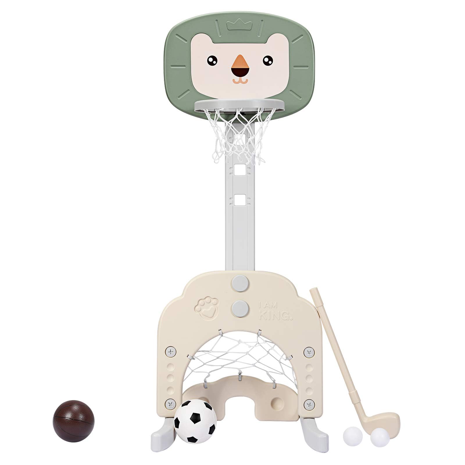 DREAMADE Mini Basketballkorb Kinder, 77-116 cm höhenverstellbarer Basketballständer mit Fußballkorb & Golf inkl. Bälle & Golf, 3 in 1 Indoor Spielplatz für Kleinkinder ab 3 Jahren (Grün)