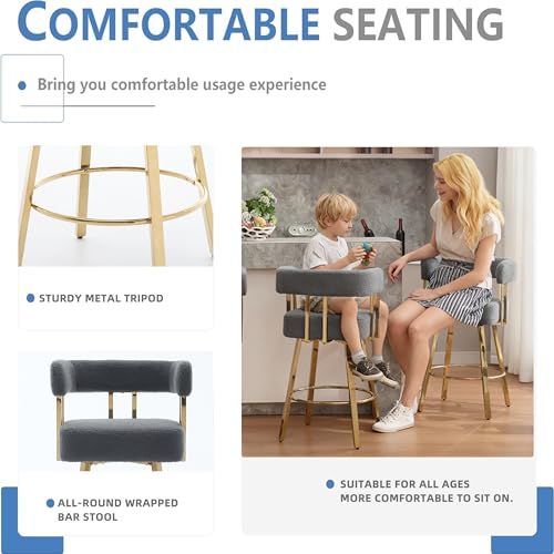 Image of YITAI 27 inch H Counter Height Bar Chairs Set of 4, Modern Barrel Counter Bar Stools with Backrest and Arms, Gold Metal Legs, Teddy Velvet Upholstered Accent Barstools for Kitchen Island, Gray
