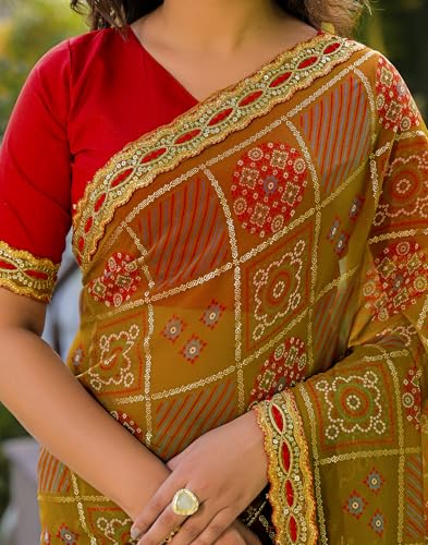 Image of SIRIL Women's Georgette Bandhani Printed Saree with Unstitched Blouse Piece