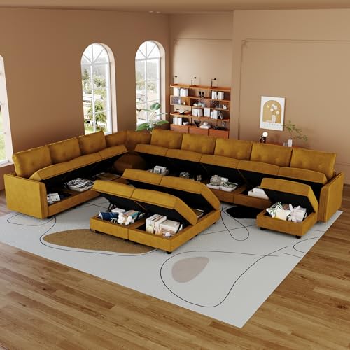 Image of LLappuil 14-Seat Modular Sectional Sofa with Storage, 163 inch Oversized U-Shaped Corduroy Couch with 10 Throw Pillows, Pet-Friendly Convertible Pit Sofa for Large Spaces, Skin-Friendly, Yellow
