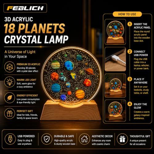 Image of 3D Acrylic LED Night Light - Warm White & 18 Planets Design with Durable Plastic Base, Decorative Table Lamp for Bedroom, Living Room, Kids Room, Study & Home Decor Gifting