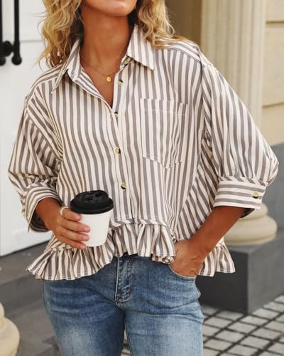 CHYRII Womens Summer Tops Dressy Casual Blouse Top Ruffled Short Sleeve Button Down Striped Shirt3