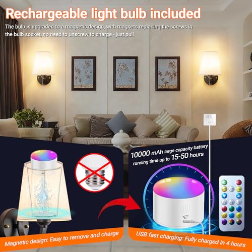 Image of YHCDLAMP Peel and Stick Wall Sconces, No Drilling Stick On Wall Sconce, Wireless Battery Operated Wall Lights, Adhesive Wall Lamp with 10000mAh Battery Bulb for Bedroom Living Room Decor