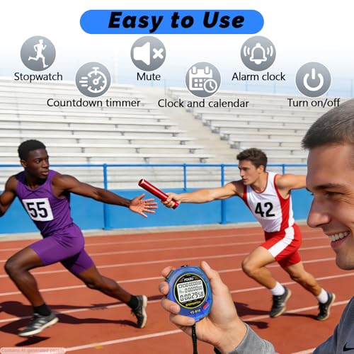 Image of Sports Stopwatch Timer, 10 Lap /Split Memory Digital Stopwatch Countdown Timer with 12 /24 Hour Clock Alarm On /Off, Calendar 3-Row Extra Large Screen Lanyard for P.E Coach and Referees (Blue)
