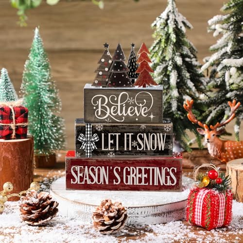 Image of Moucuny 4 Pcs Christmas Table Decor Christmas Tree Centerpiece Rustic Decorative Tree Block Signs Gift Winter Tiered Tray Decor Farmhouse Winter Tabletop Decoration for Home Xmas Party Kitchen Shelf