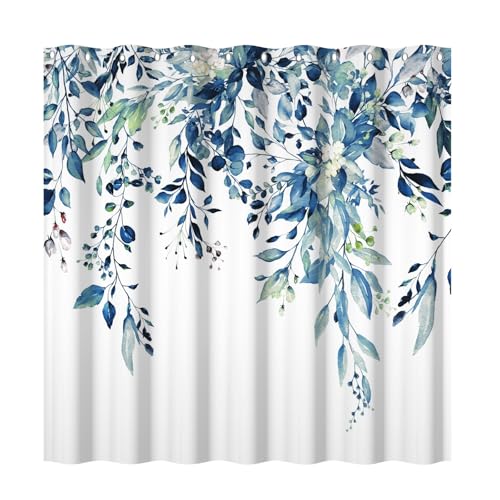 Yeele Blue Leaves Long Fabric Shower Curtain Watercolor Floral Leaf