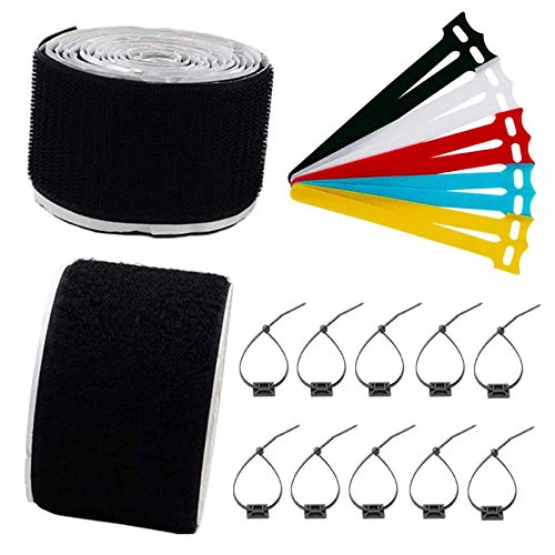 Rayzm Kleverige haak en lus tape (5 * 200 cm), 10 stuks diverse kleuren 15 cm herbruikbare doek kabelbinders voor koord organisatie, 10 stks zelfsluitende nylon kabelbinders met zelfklevende kabelclips
