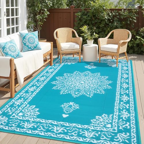 Outdoor Rug 5x8 Ft, Waterproof Plastic Straw Patio Rug, Reversible Backyard Carpet UV Resistant Portable RV Mat Clearance, Large Indoor Outdoor Rug for Patio, Porch, Deck, Balcony, Teal Teal