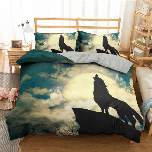 Housse de couette 220x240 loup bleu avec sa parure de lit adulte en microfibre