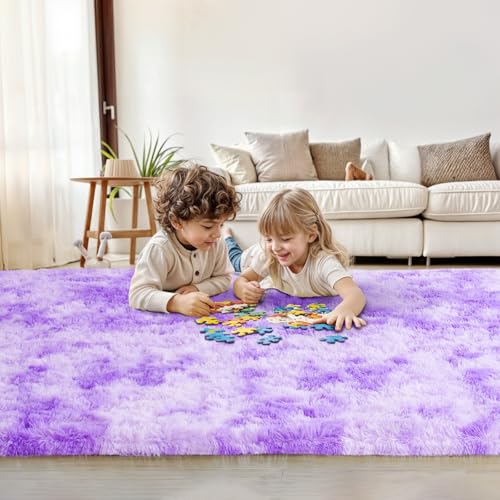 Purple 5x7 Fluffy Area Rug for Kids Playroom, Nursery Room Living Room