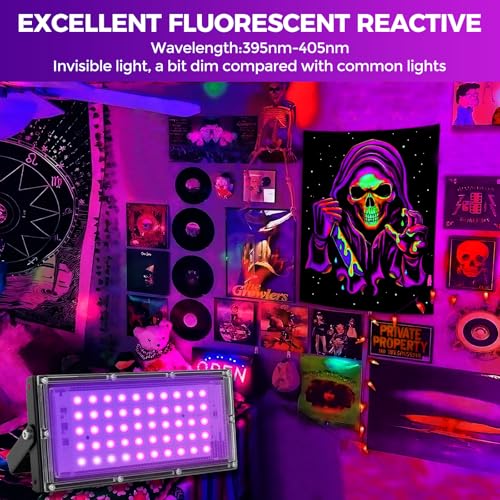 Image of 50W LED Black Lights for Glow Party, IP65 Waterproof UV Blacklight Floodlight 395nm Black Light Spotlight Purple Black Light Flood Light Fluorescent UV Light Lamp for Halloween Decor (4 Pack)