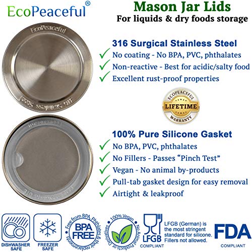 Ecopeaceful 316 Surgical Stainless Steel Mason Jar Lids Regular Mouth,Original Design,Stackable W/ Pull-Tab Silicone Seal. Rust-Proof thumb #1