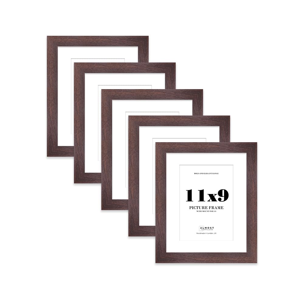 11x9" Walnut Frame With Mount for A5 Pictures 28mm Edge Portrait and Landscape Display with Wall Hooks and Kickstand, 5 Pack