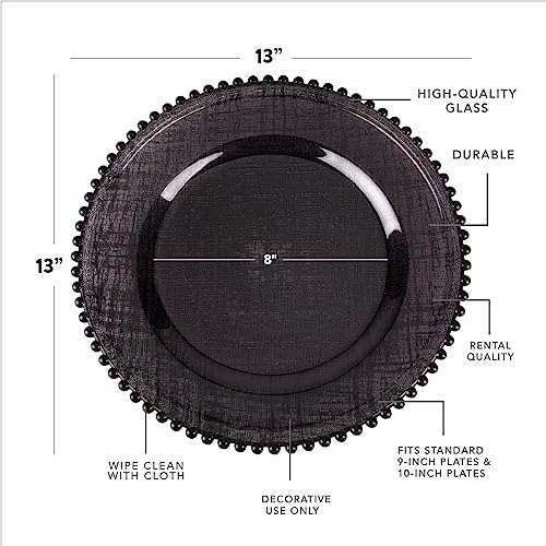 Koyal Wholesale Round 13" Linen Cross-Stitch Pattern With Beaded Rim Glass Charger Plates, Bulk Set Of 4, Table Setting, Tabletop, Tablescape For Wedding, Holidays, Events (Black) #TOP1