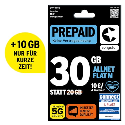 congstar Prepaid ALLNET M SIM-Karte ohne Vertrag I Prepaid-Paket in D-Netz-Qualität I 30 GB +10€ Startguthaben I Telefonie & SMS Flat in alle dt. Netze I EU-Roaming inkl.