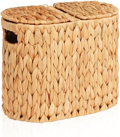 FairyHaus Wicker Toilet Paper Storage Basket with Lid & Handles, 4 Rolls Handwoven Toilet Paper Holder with Storage, Natural Water Hyacinth Toilet Paper Holder Stand Basket for Bathroom