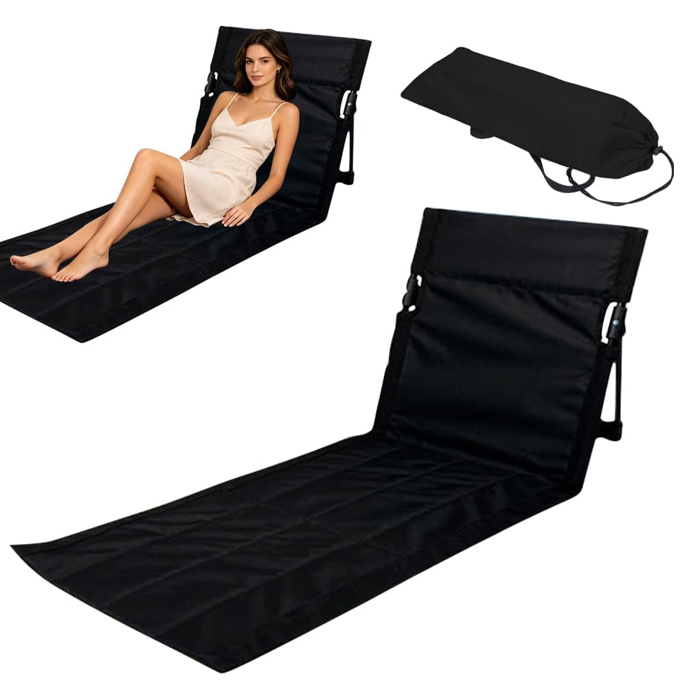 Strandmatte mit Rückenlehne Faltbar, Strandkorb mit Rückenlehne, Strandstuhl Klappbar Leicht mit Tragegurt, Campingstuhl Klein für Garten Konzerte Bergsteigen Camping (C – Schwarz (Lange)