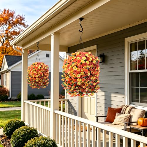 Image of Ammyoo Artificial Fake Hanging Flower Basket for Fall Outdoor Home Decor | 4 Pcs Faux Floral with Eucalyptus, Hanging Planter Decor for Fall Porch Balcony Yard Indoor Outdoor All Season Ornament
