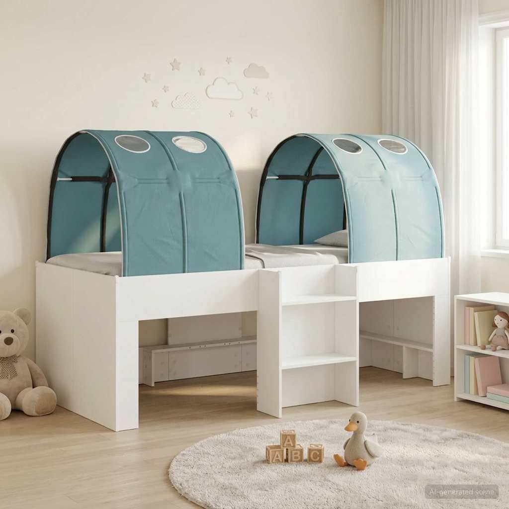 Estructura de cama de 100 x 200 cm con túnel, marco de cama de madera moderna para habitación juvenil y habitación de invitados, juego de 3 piezas, color blanco y azul claro