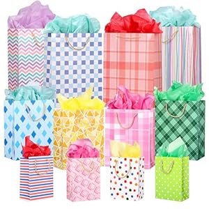 OUTUXED 12pc Paper Gift Bags Assorted Sizes with Tissue, 3 Sizes (8.3/12.6/15.7Inch) – For Birthday, Baby Showers, Party & Wedding