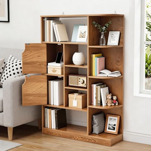 YITAHOME Librería Independiente con 9 estantes Abiertos y 2 Puertas (tapizada) para salón, Dormitorio u Oficina, Acabado Roble 80 × 24 × 120 cm (Largo × Ancho × Alto)