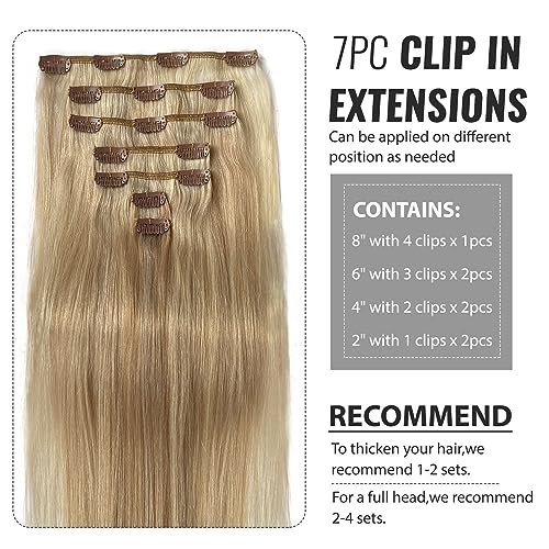 Image of Belaved Clip in Hair Extensions Beach Blonde 14 Inch 70g 7pcs Highlighted Hair Extensions Clip in Human Hair Seamless#8BP60