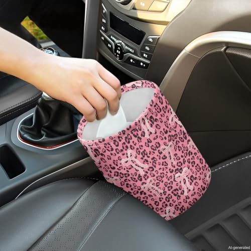 Image of Cute Bow Leopard Car Trash Can Hanging Car Garbage Bin Collapsible Waste Bin Auto Accessories Interior for Cars SUV Trucks