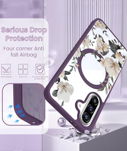 Image of VONZEE Compatible with Samsung Galaxy A36 5G Case Luxury Retro Flowers Floral Clear for Magnetic Wireless Charging Case Shockproof Case PC+TPU Cute Glossy Shiny Cover for Girls Women, Deep Purple
