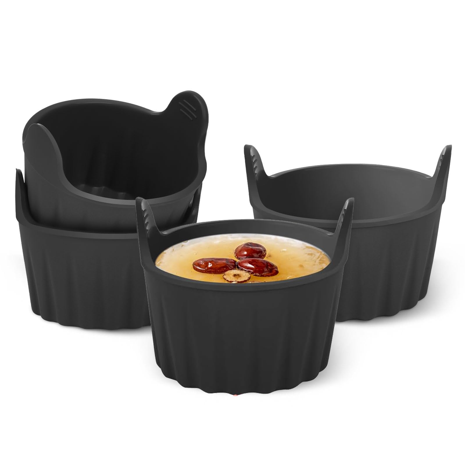 nalaina 4PCS Black Air Fryer Egg Poacher Cups - Silicone Ramekins for Microwave, Souffle, Custard, Muffins & Pudding