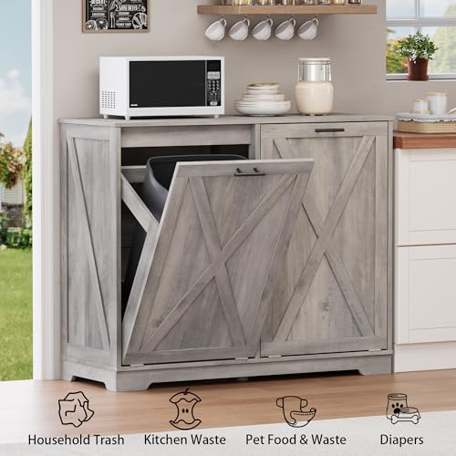 Image of Double Tilt Out Trash Can Cabinet, Wooden Farmhouse Kitchen Garbage Bin Enclosure with Negative Ion Odor Control, Hidden Dog Proof Trash or Laundry Basket Storage for Laundry Room, Grey