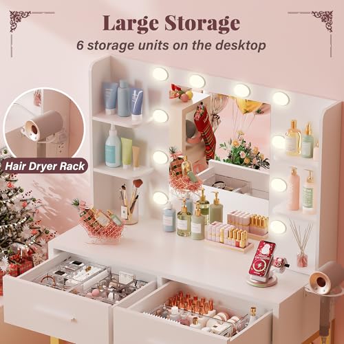 Image of Furmax Vanity Desk with Mirror and Light Bulb, Small Makeup Vanity Table with Drawers, Dressing Table with Power Outlet and Hair Dryer Holder for Bedroom (White & Gold)