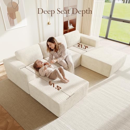 Image of Vesgantti 119 inch Oversized U-Shaped Modular Sectional Sofa, Corduroy Cloud Couch with Deep Seating & Spring Support, Convertible Sofa with 2 Ottomans, Boneless Couch, No Assembly Required, Beige