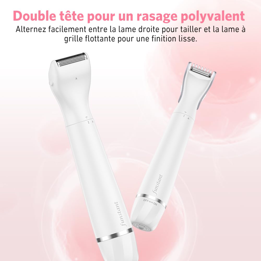 Tondeuse Intime Femme Rechargeable 2 en 1, Rasoir Bikini pour Maillot et Pubis, Tête de Précision et Grille de Finition, USB-C, Sans Fil, Utilisation à Sec, Soin Doux des Zones Sensibles