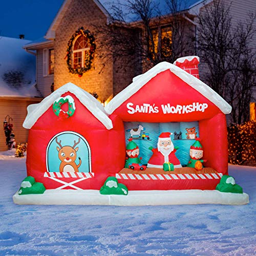 Holidayana Santa's Workshop Christmas Inflatable - 8 ft Wide Santa Workshop Christmas Inflatable Yard Decoration with LED Lights, Fan, and Stakes