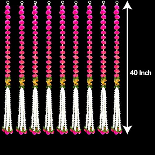 Image of iHandikart Decorative Pack of 2 Pink Pom-Pom Wall Hanging, 39 Inch Long Pom-Pom & Beads Strings for Home, Balcony & Festive Decor, Ideal Entrance Decoration & Housewarming Gift (RK-155-2-Pink)
