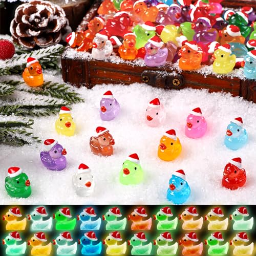 DULEFUN 100pcs 14 Colors Luminous Christmas Mini Ducks Statues Santa Hat