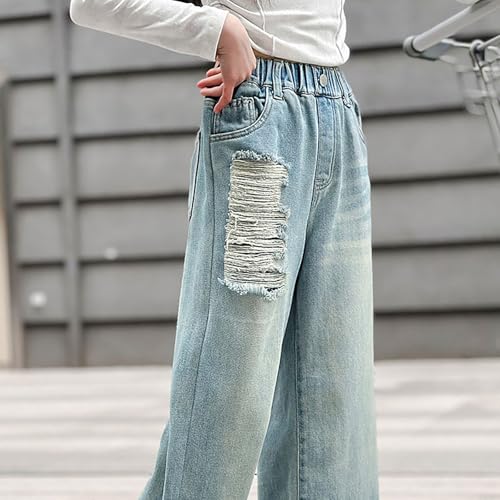 Ripped Straight Jeans for Youth Girls Distressed Washed Elastic High Waist Denim Pants Teen Girls Stylish Loose Trousers4